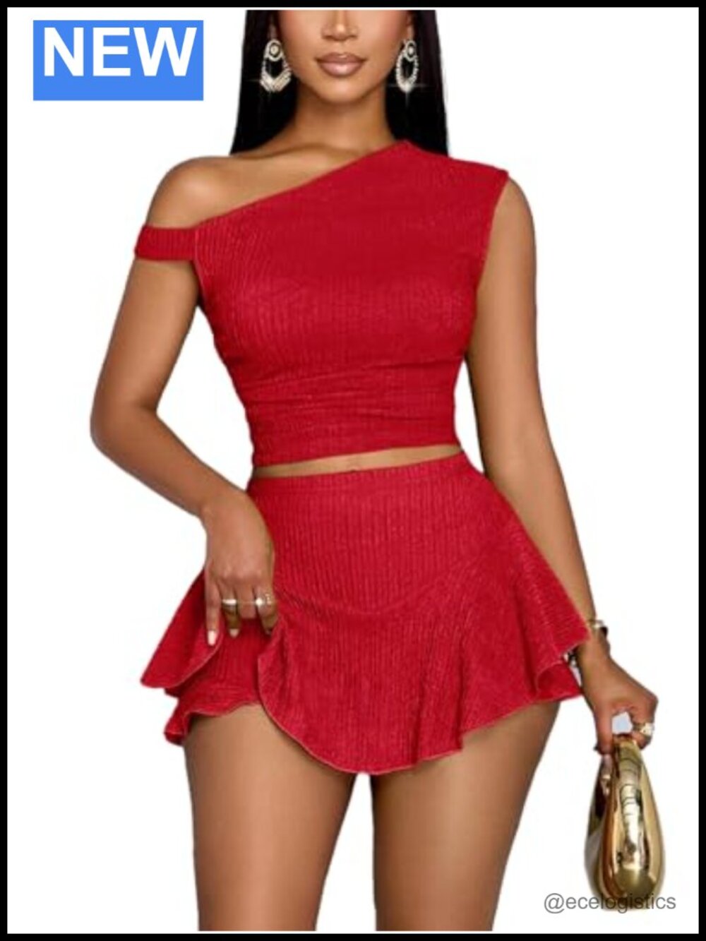 One Shoulder Crop Top Ruffle Mini Skirt 2 Piece Club Outfit Ribbed